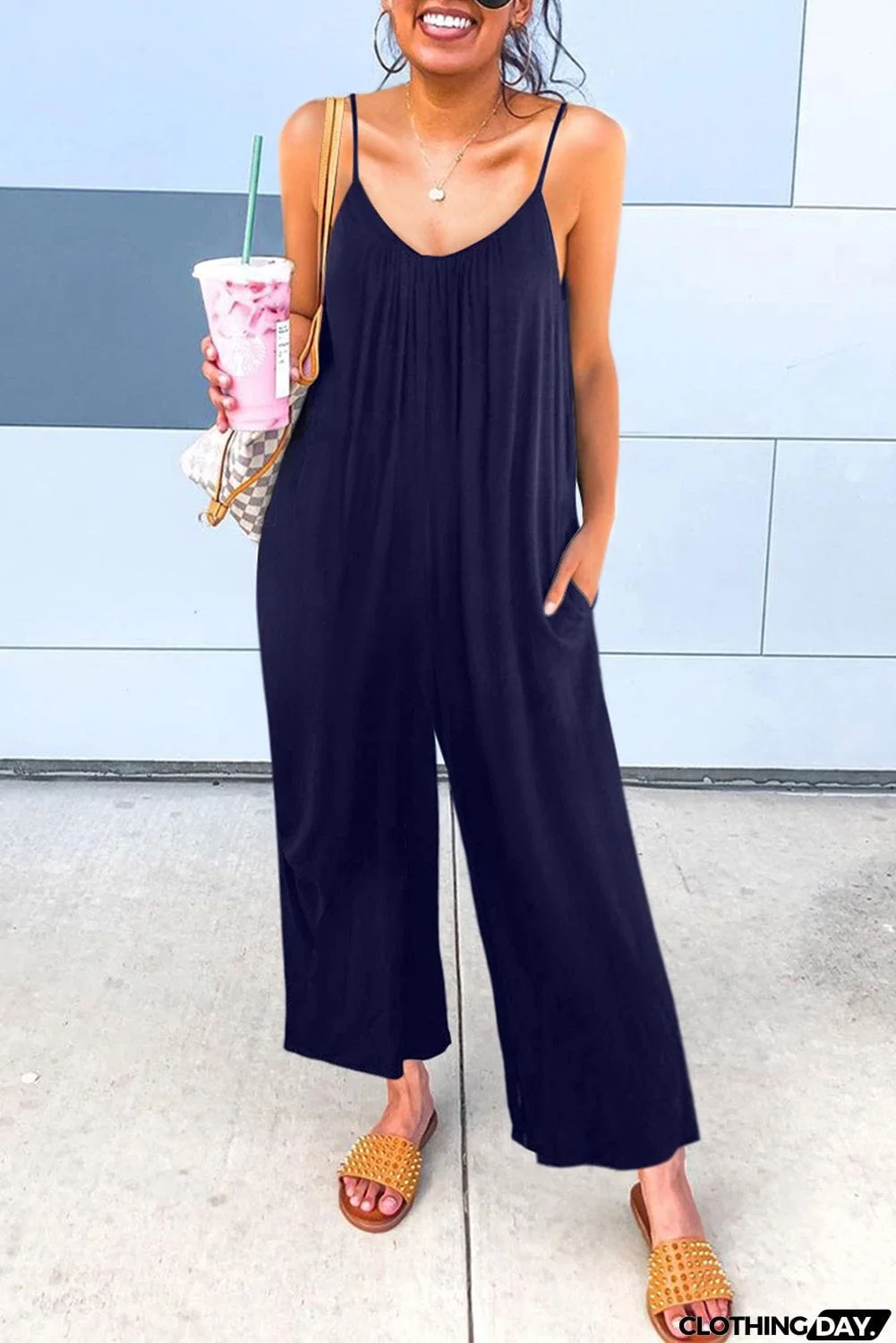 Spaghetti Straps Wide Leg Pocketed Jumpsuits