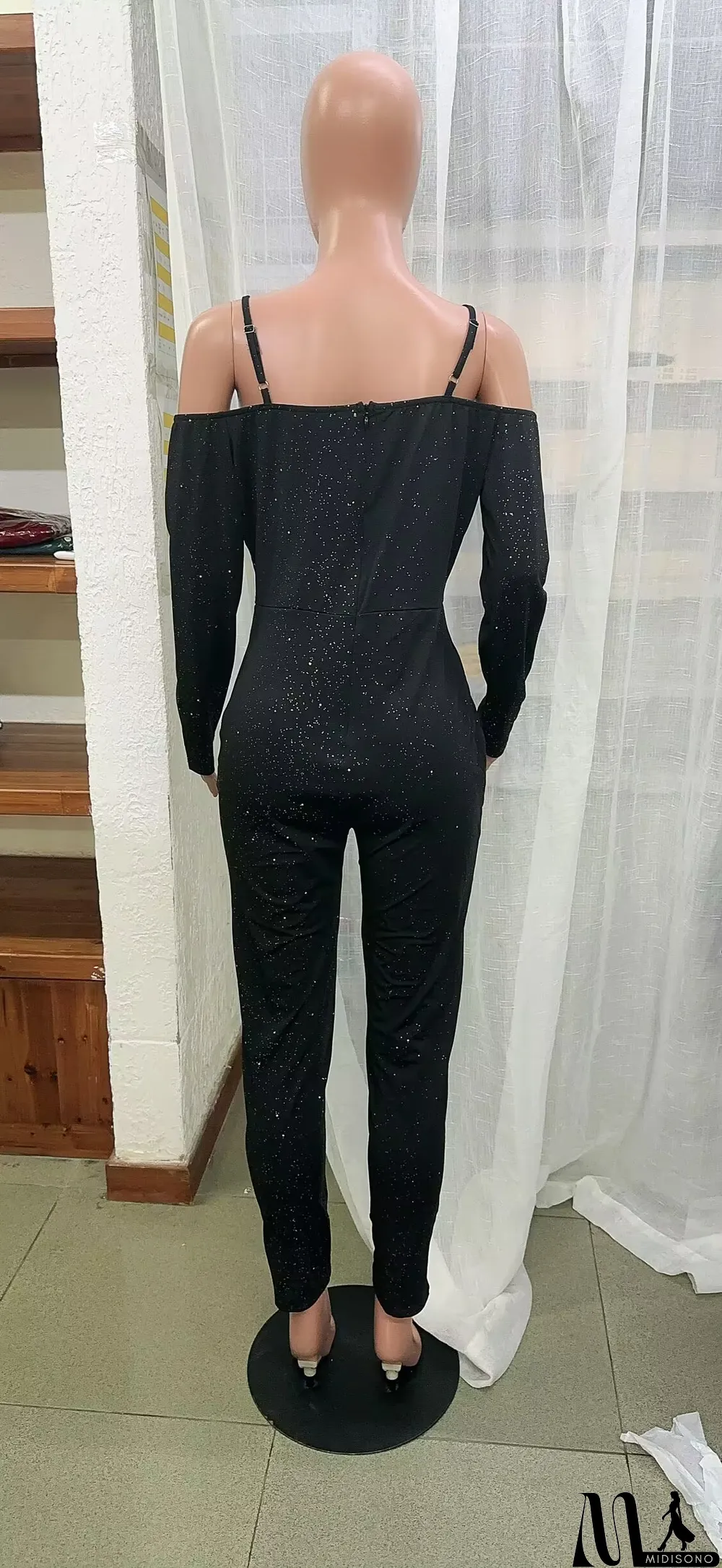 MidiSono - Women's Black Low Neck Sexy Tight Fitting Jumpsuit