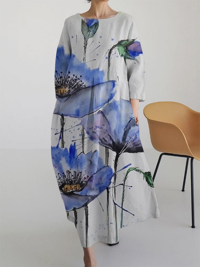 Women's Retro Botanical Floral Design Printed Casual Loose Dress