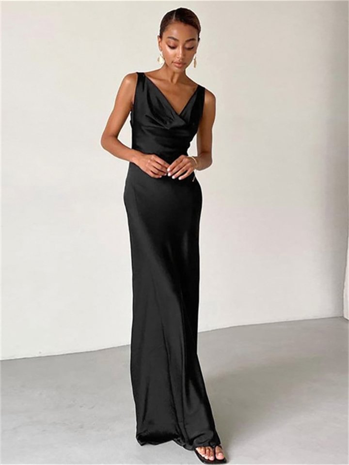 Ice Silk Imitation Silk Swinging Collar Sexy Backless Dress -vasmok