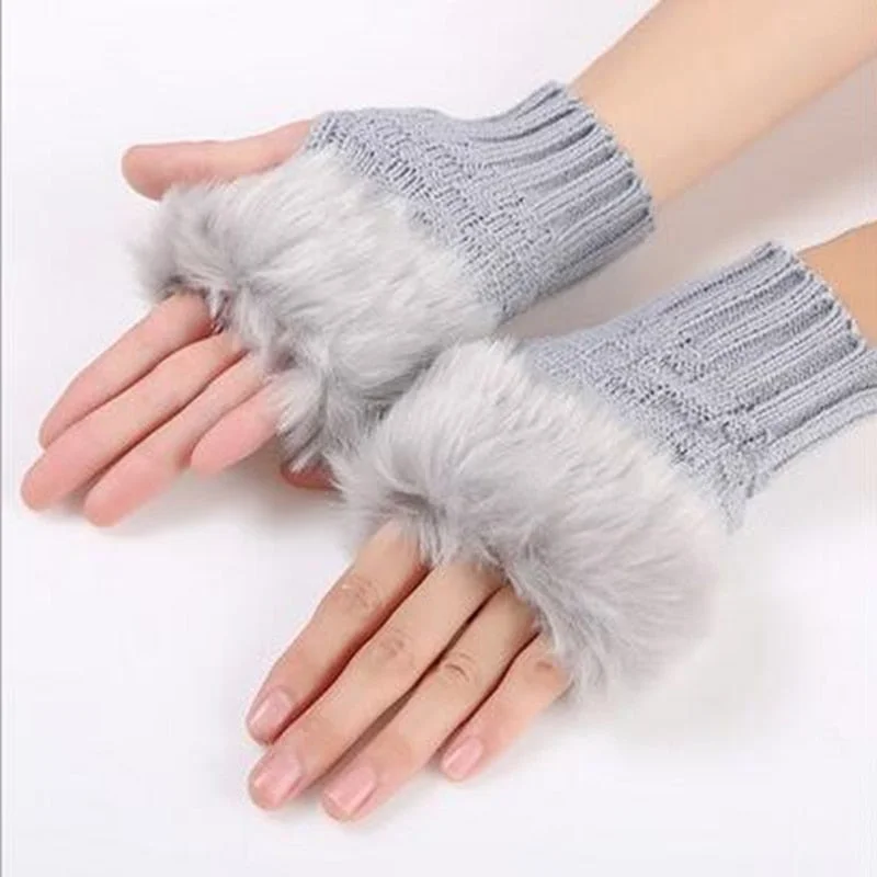 CUHAKCI Half Finger Woolen Winter Gloves Women Knitted Warm Mittens Long Imitation Rabbit Hair Lovely Fur Patchwork
