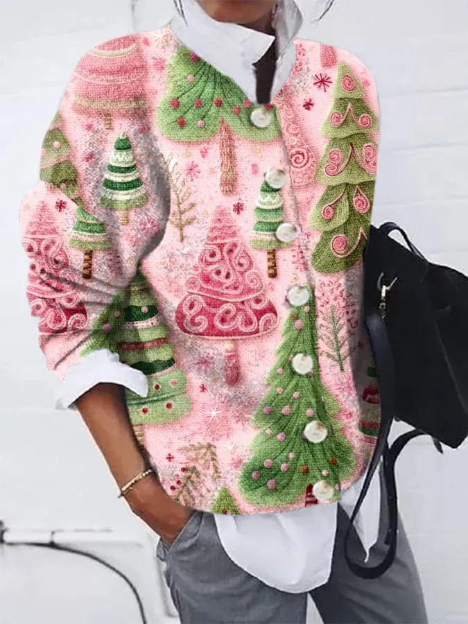 Women's Christmas Pink Christmas Tree Print Casual Woolen Cardigan