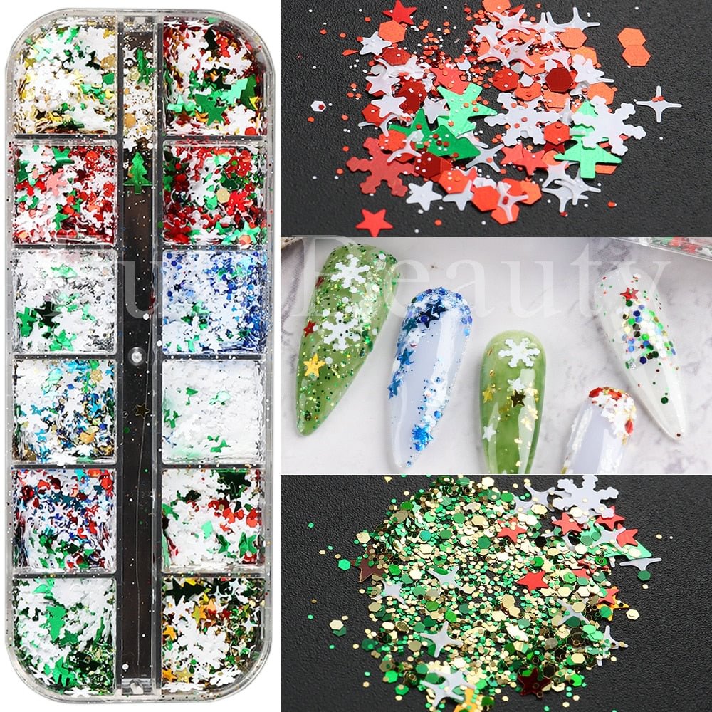 Christmas Nail Decoration 2022 Red Green Mixed Glitters Gold Snowflakes Sequins For Nails Star Hexagon Paillettee Manicure GLSDF