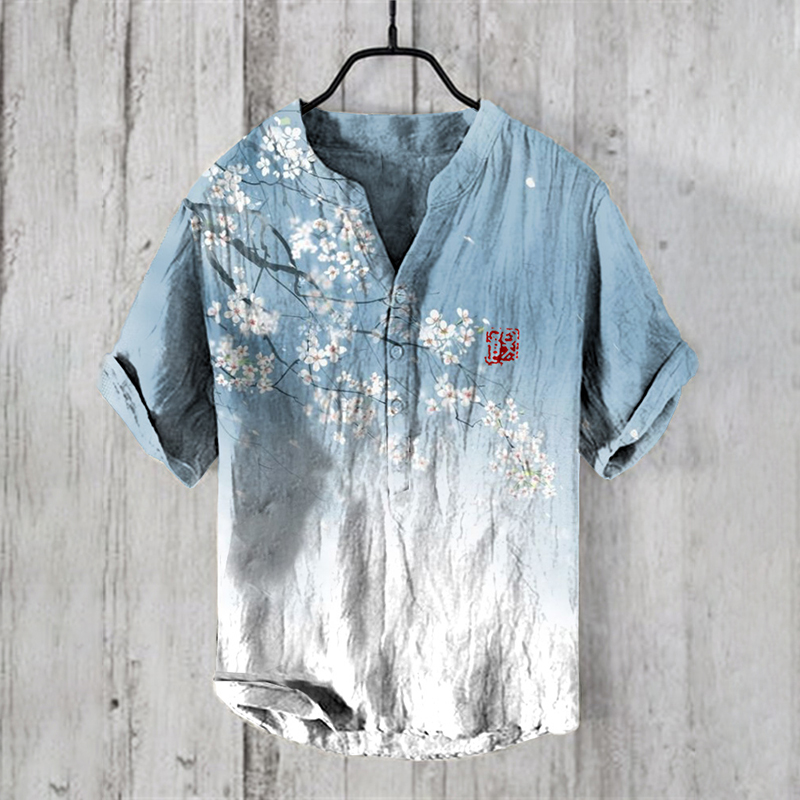 menweary Japanese Blossom Gradient Art Print Cotton Blend Shirt