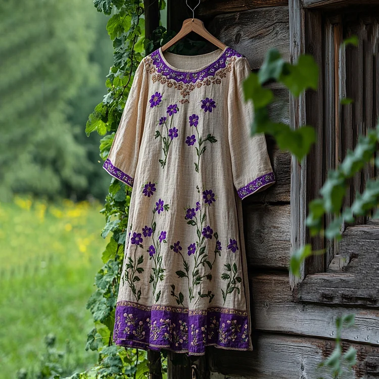 Vintage Floral Embroidery Loose Linen Blend Midi Dress