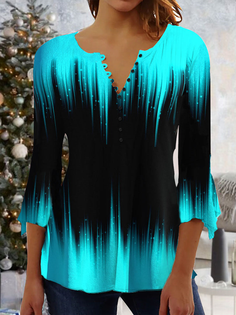 Women Long Sleeve V-neck Graphic Floral Printed Top