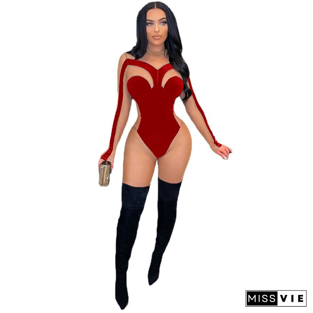 Sheer Mesh Patchwork Velvet Skinny Jumpsuit