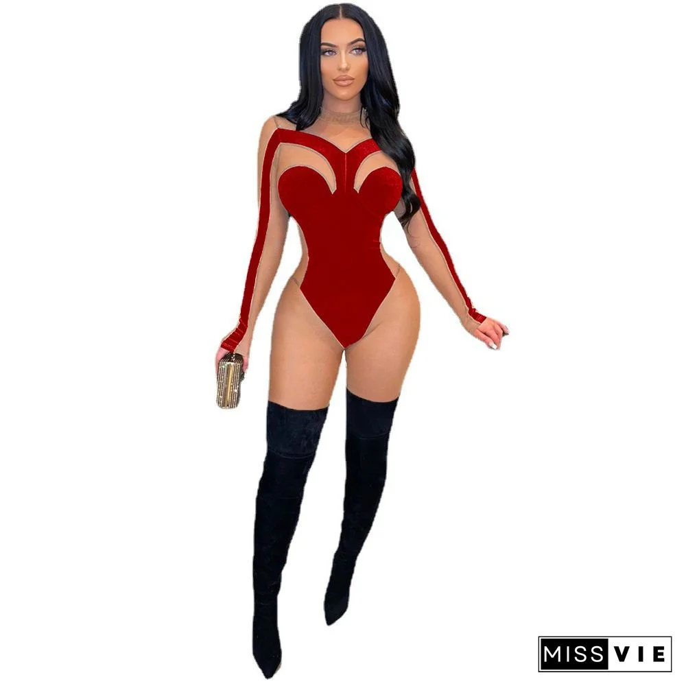 Sheer Mesh Patchwork Velvet Skinny Jumpsuit