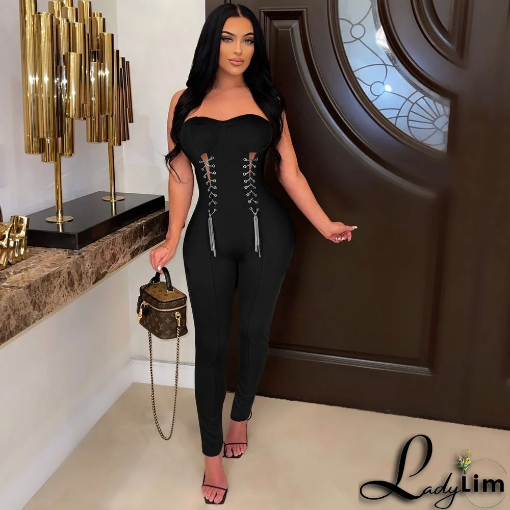 Sexy Tube Top Corns Metal Chain Waist Jumpsuit