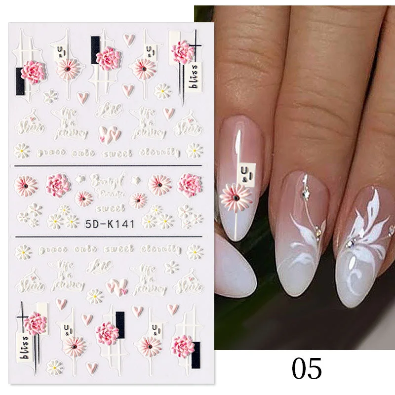 1PC French 5D Nail Sticker Embossed Flower Bubble Pattern Self-Adhesive Slider Wedding Design Nails Decals Nail Art Decoration-Nail Inspo