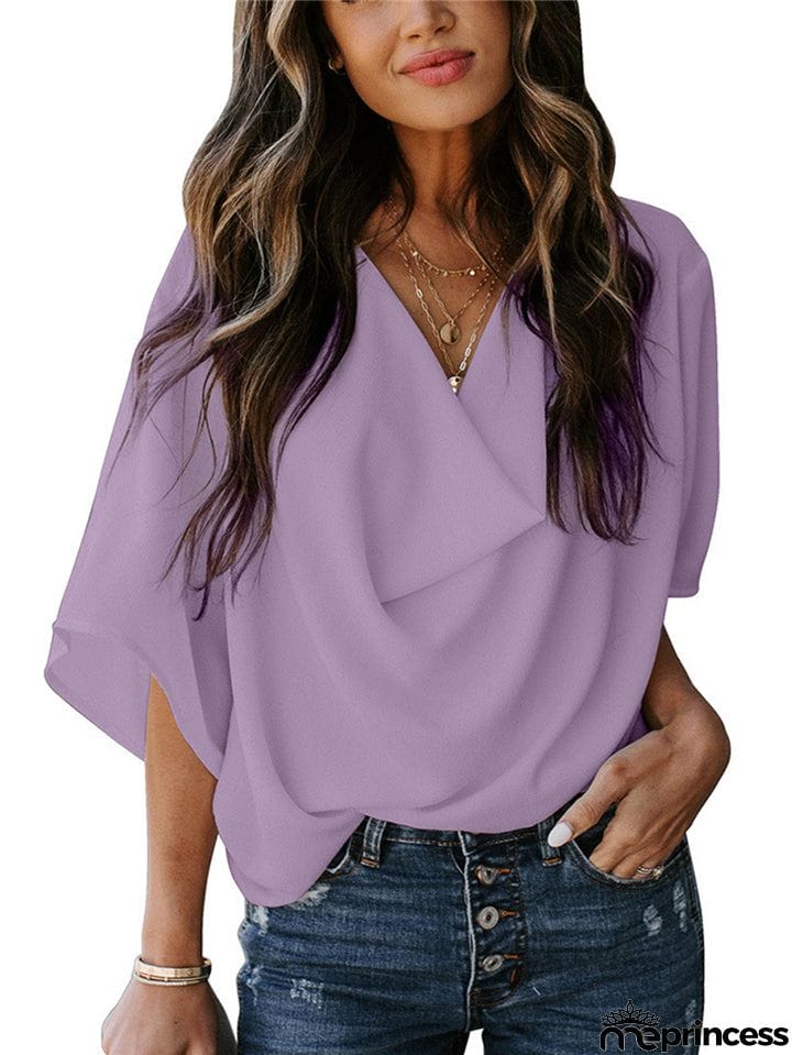 Feminine Flowy Style Cowl Neck Half Sleeve Lightweight Chiffon Pullover Tops
