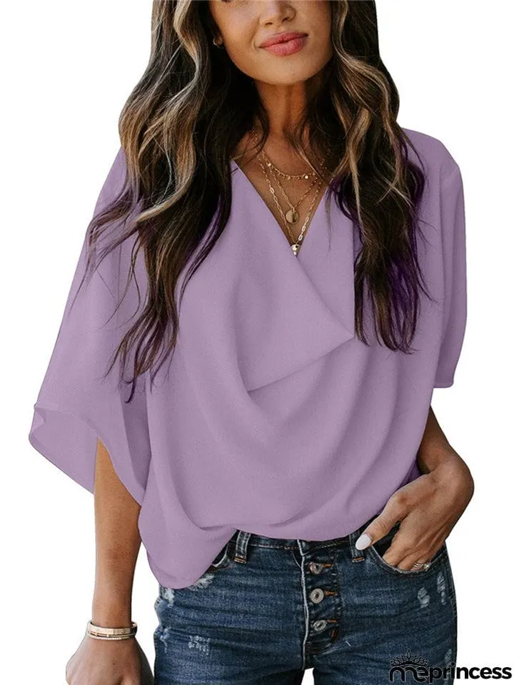 Feminine Flowy Style Cowl Neck Half Sleeve Lightweight Chiffon Pullover Tops