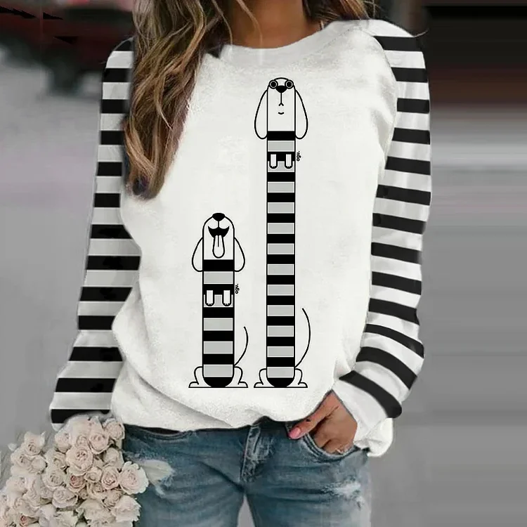 Comstylish Women's Black and White Striped Dog Print Sweatshirt