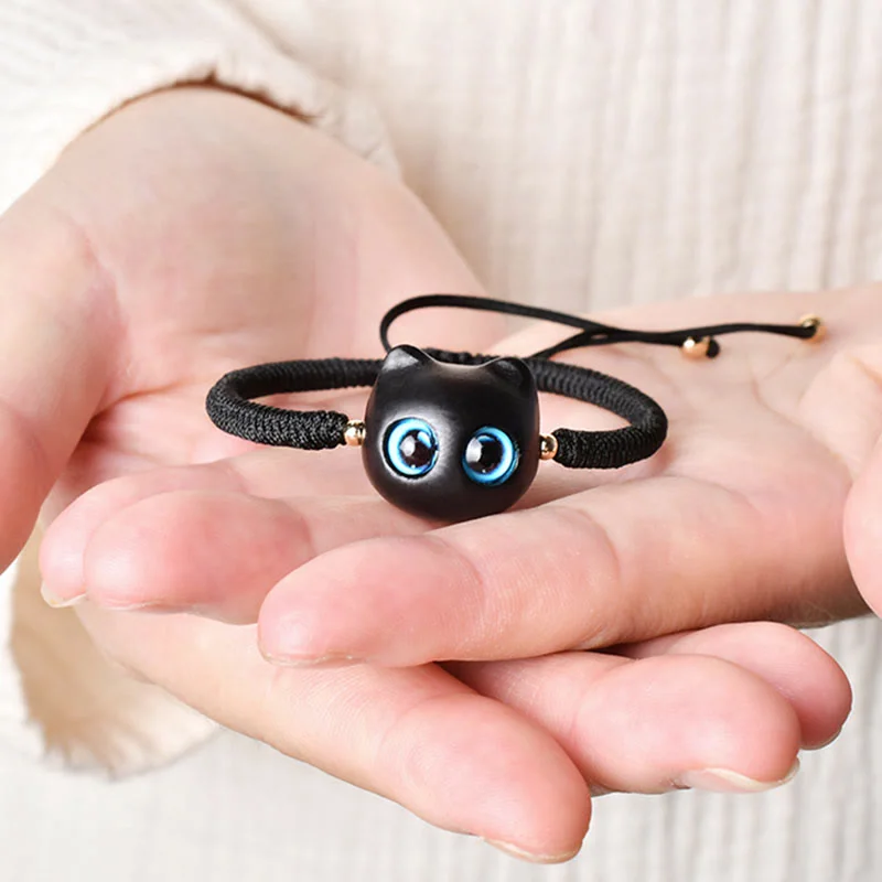 Ebony Wood Cat Head Pattern Peace King Kong Knot Braided Bracelet