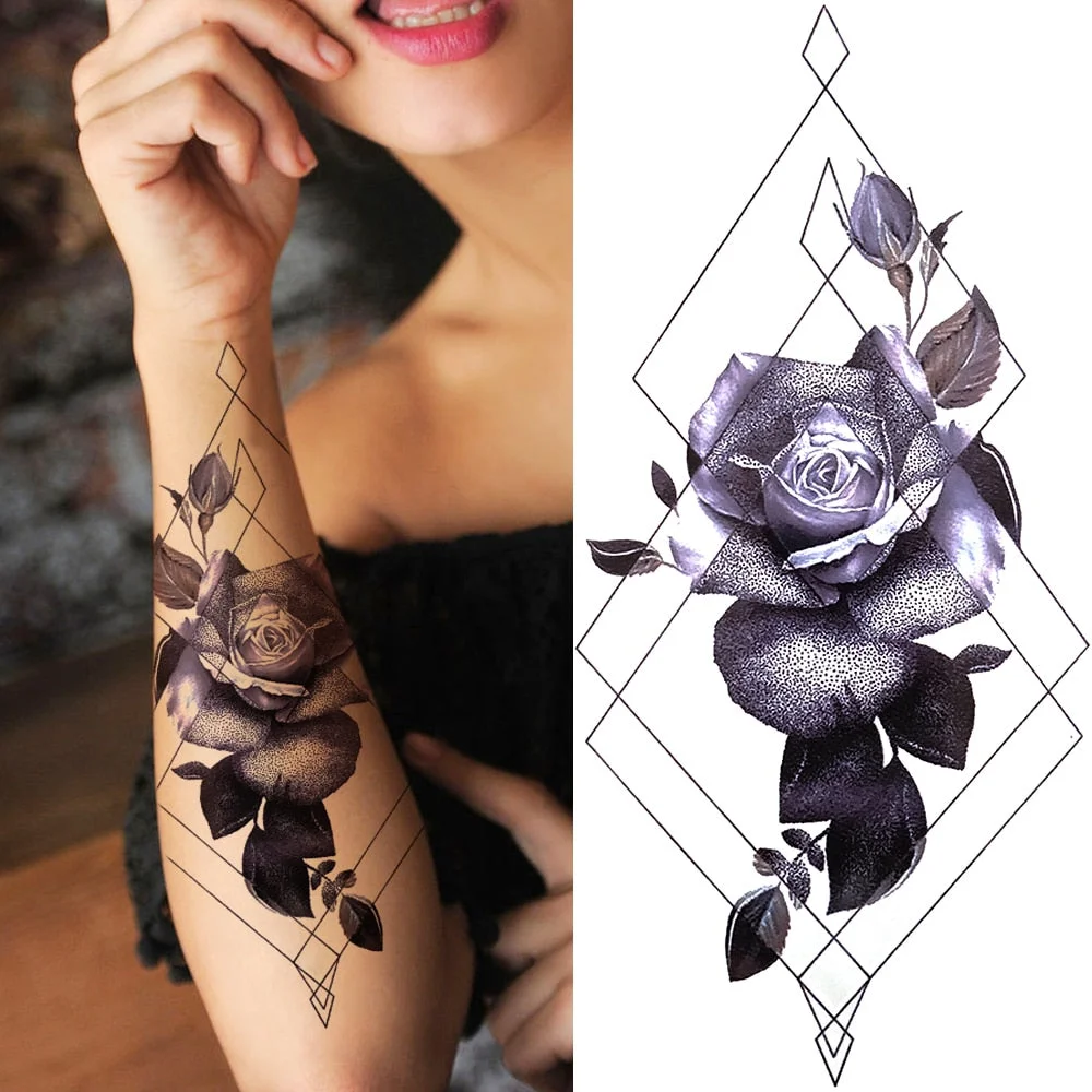 3D Black Flower Temporary Tattoos For Women Rose Peony Lotus Tattoo Sticker Fake Jewelry Chains Geometric Triangle Tatoo Decal
