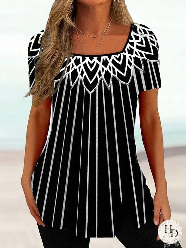 Women's T Shirt Tee Black White Pink Floral Striped Print Short Sleeve Casual Holiday Tunic Basic Square Neck Regular