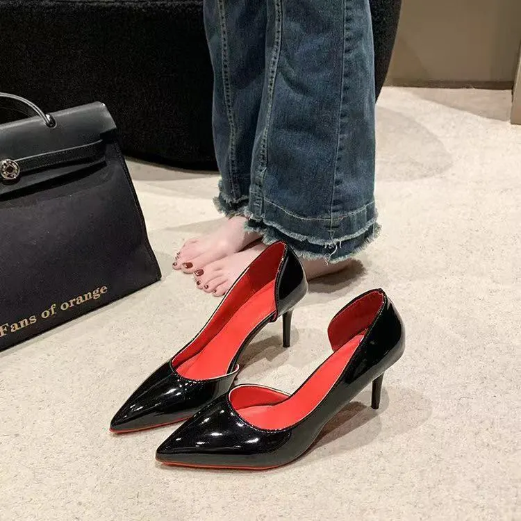 Breakj Breakj Red-Soled Black High-Heeled Women 2025 New Sexy Temperament Nightclub Fine-Heeled Leather Shallow Single Shoes