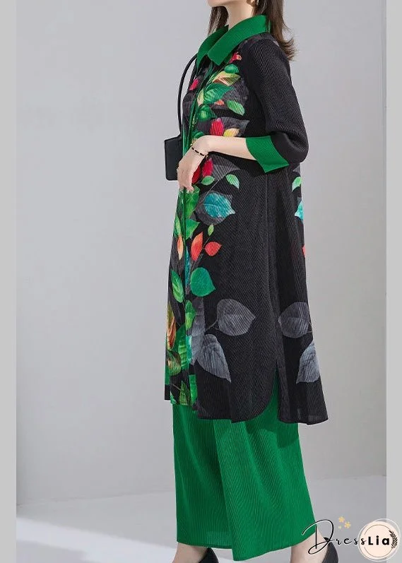 Plus Size Black Peter Pan Collar Print Patchwork Button Shirts And Wide Leg Pants Two Piece Set Spring