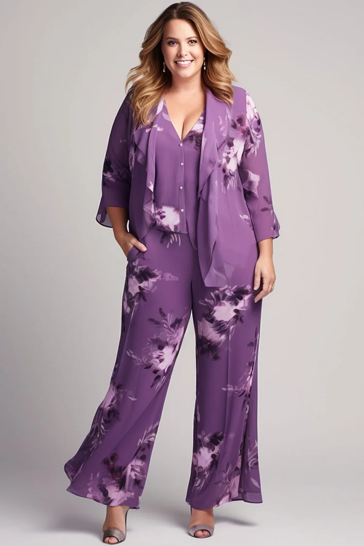 Flycurvy Plus Size Mother Of The Bride Purple Floral Print Irregular Hem Two Piece Pant Suit With Jacket  Flycurvy [product_label]