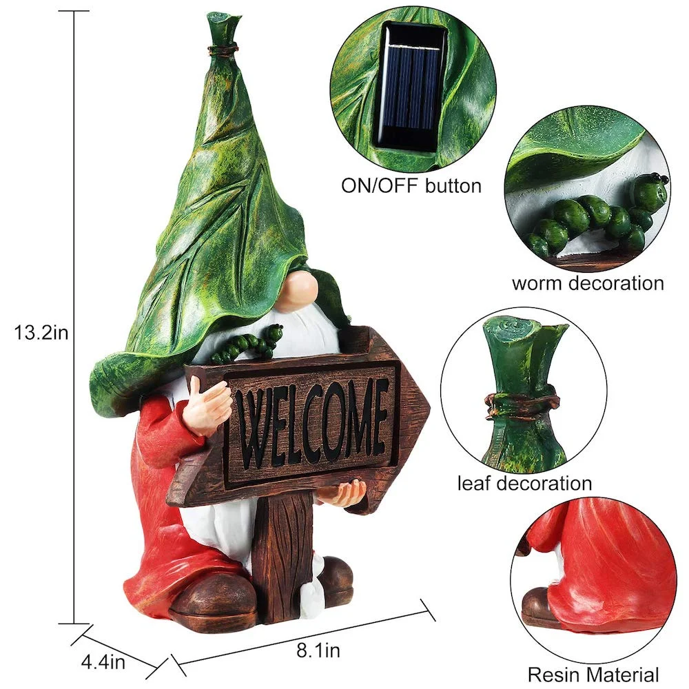 Gnome Statue Holding Welcome Sign with Solar LED Lights