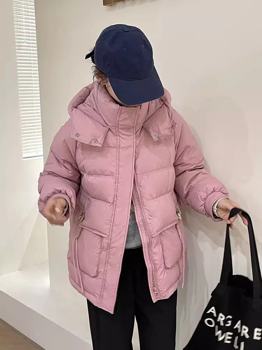 Woherb Sweet Crescent Buckle Down Jacket Women's Short Style 2024 Winter Fashion Thick Warm Hat Small White Duck Down Coat-Outfit Ideas