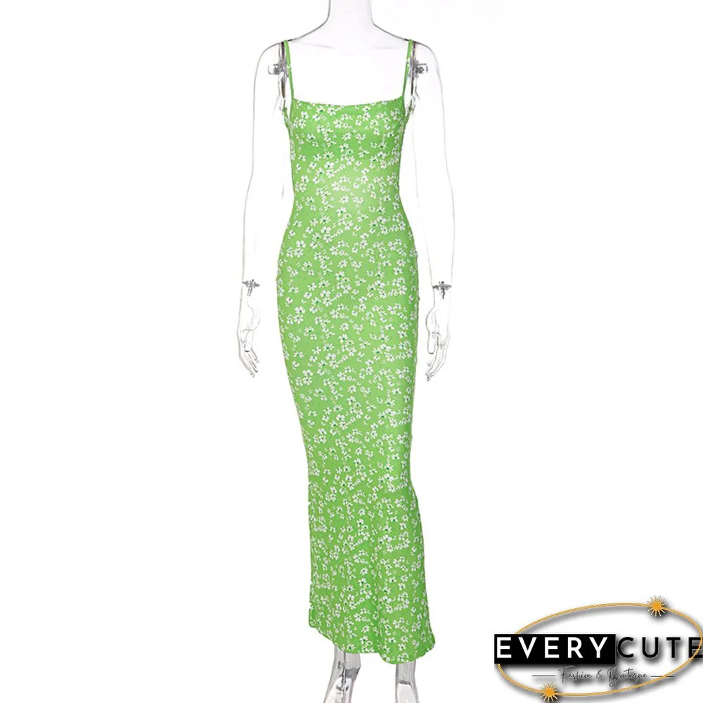 Green Backless Spaghetti Straps Floral Dress