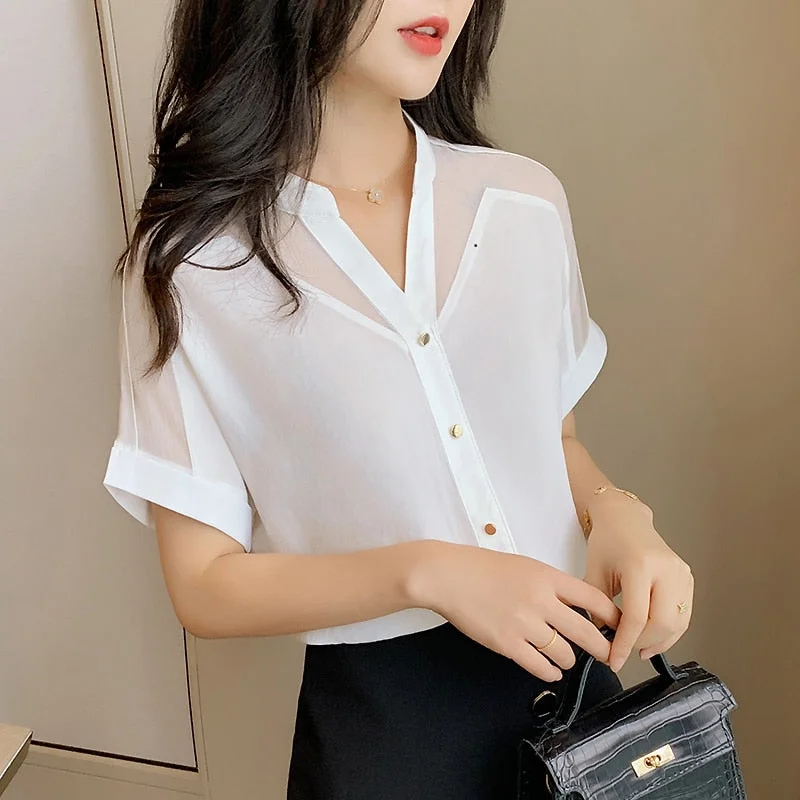 2021 Summer Women Shirts Pullover Chiffon Short-Sleeved  Women Tops  Solid Color Mesh V-neck  Women Clothing camisas mujer new