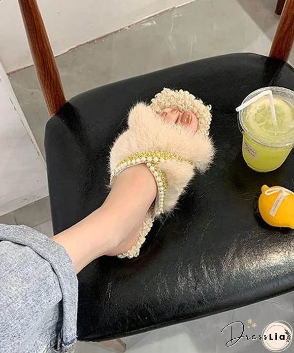 Stylish Splicing Fuzzy Fur Slippers Shoes Brown Nail Bead