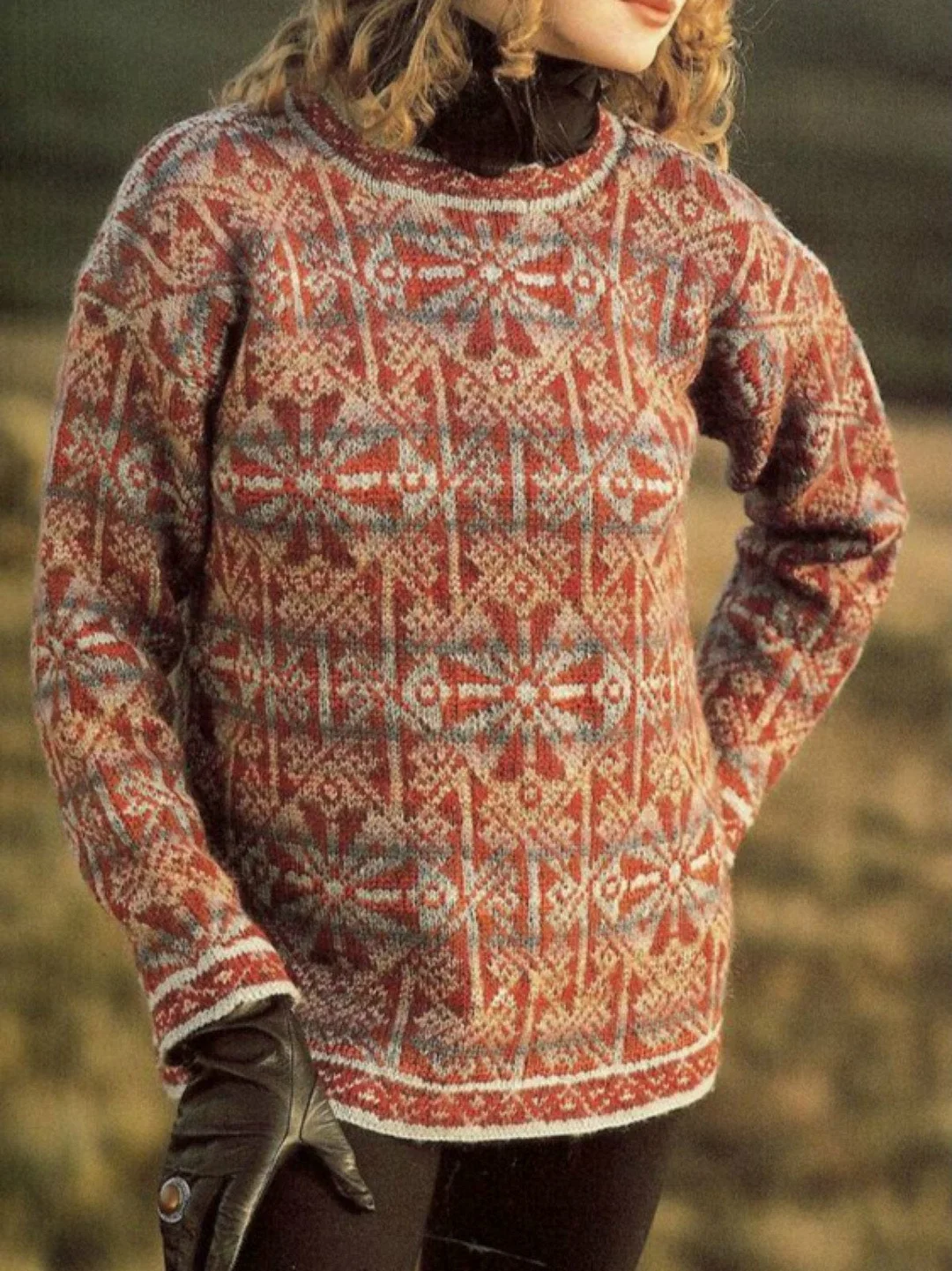 Red Geometric Round Neck Long Sleeve Sweater