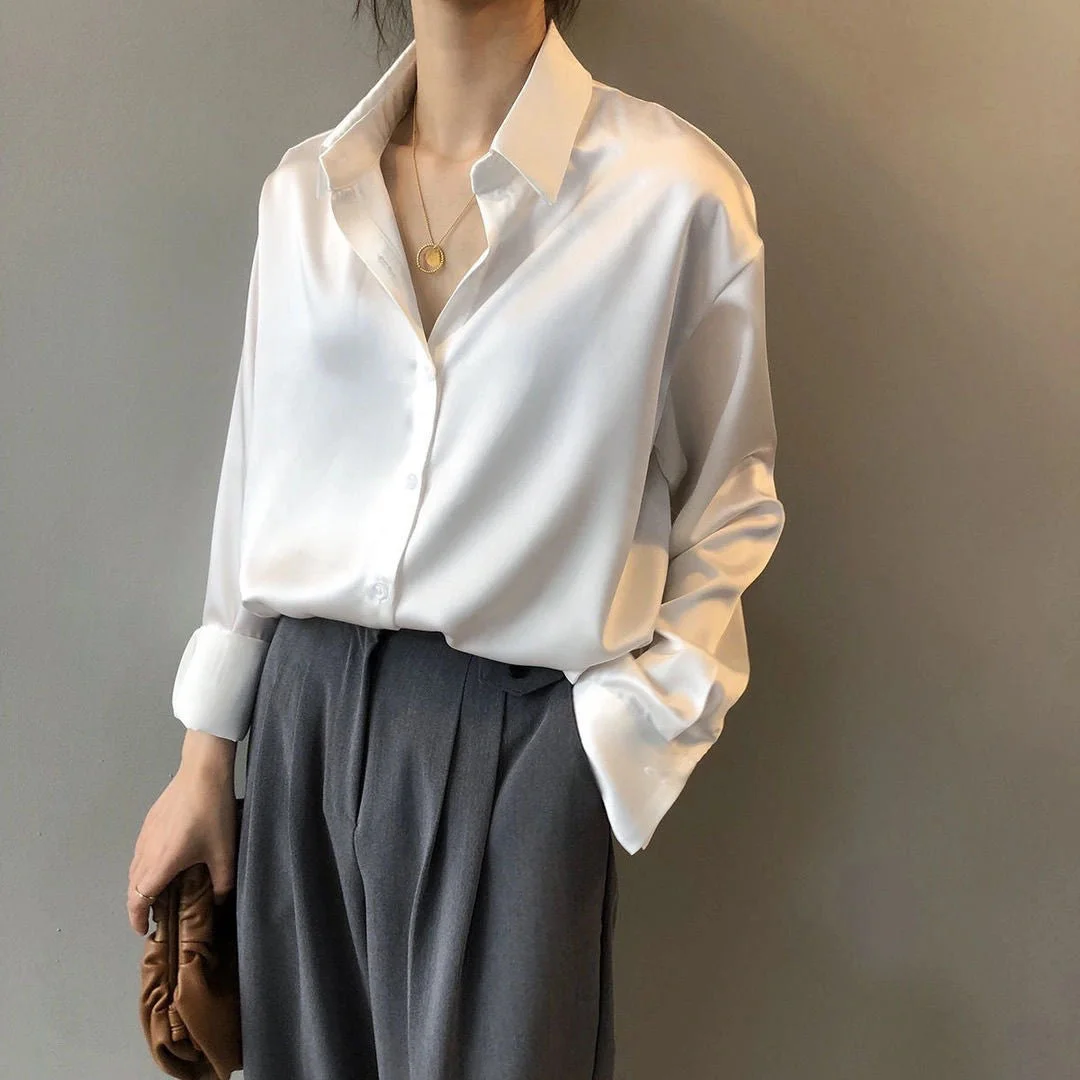 Fashion Autumn Button Up Satin Silk Shirt Tops Vintage Blouse Women White Lady Long Sleeves Female Loose Street Blusas Shirts