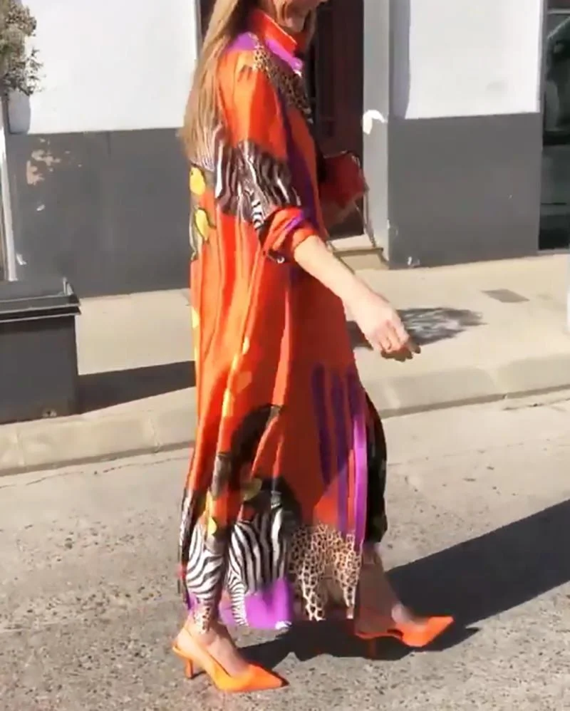 Stylish Long Sleeve Printed Shirt Dress