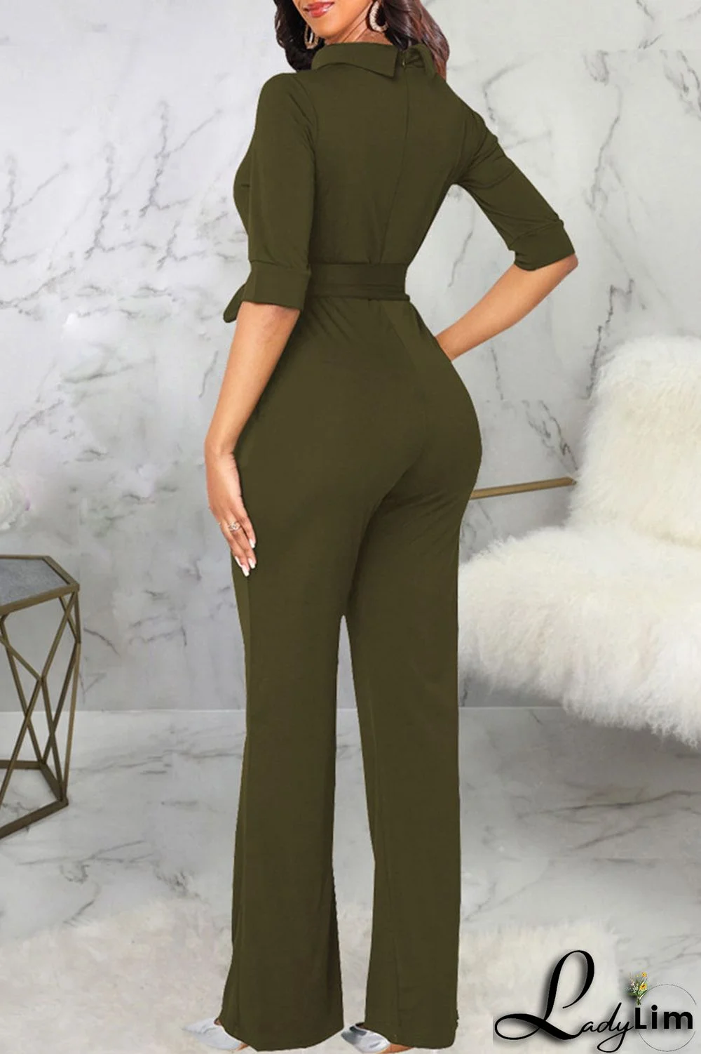Brown Casual Solid Split Joint With Belt Half A Turtleneck Straight Jumpsuits