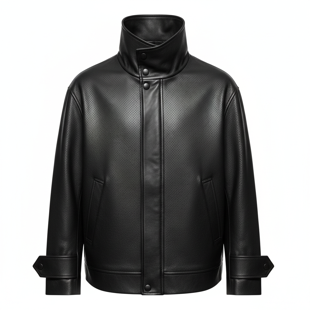 thesupersurf Black Leather Jacket with Stand Collar and Button Cuffs 