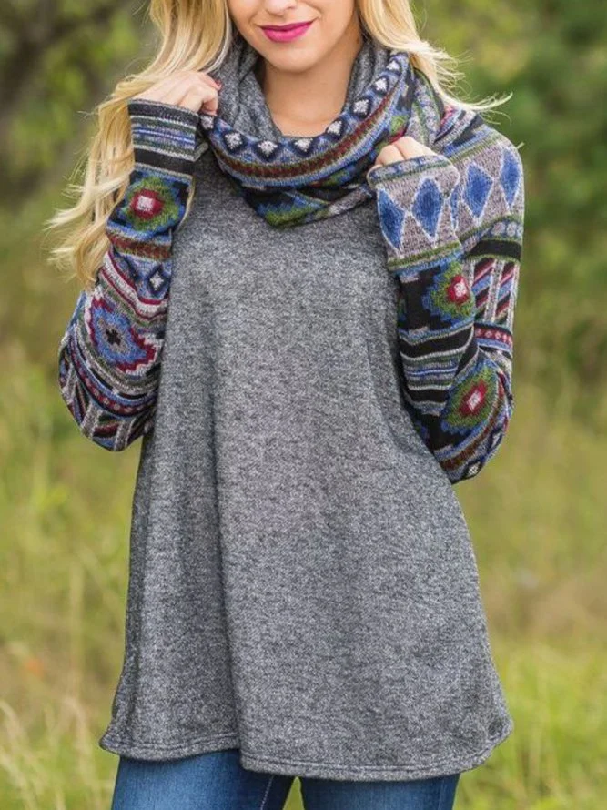 Long Sleeve Printed Cowl Neck Casual Tops