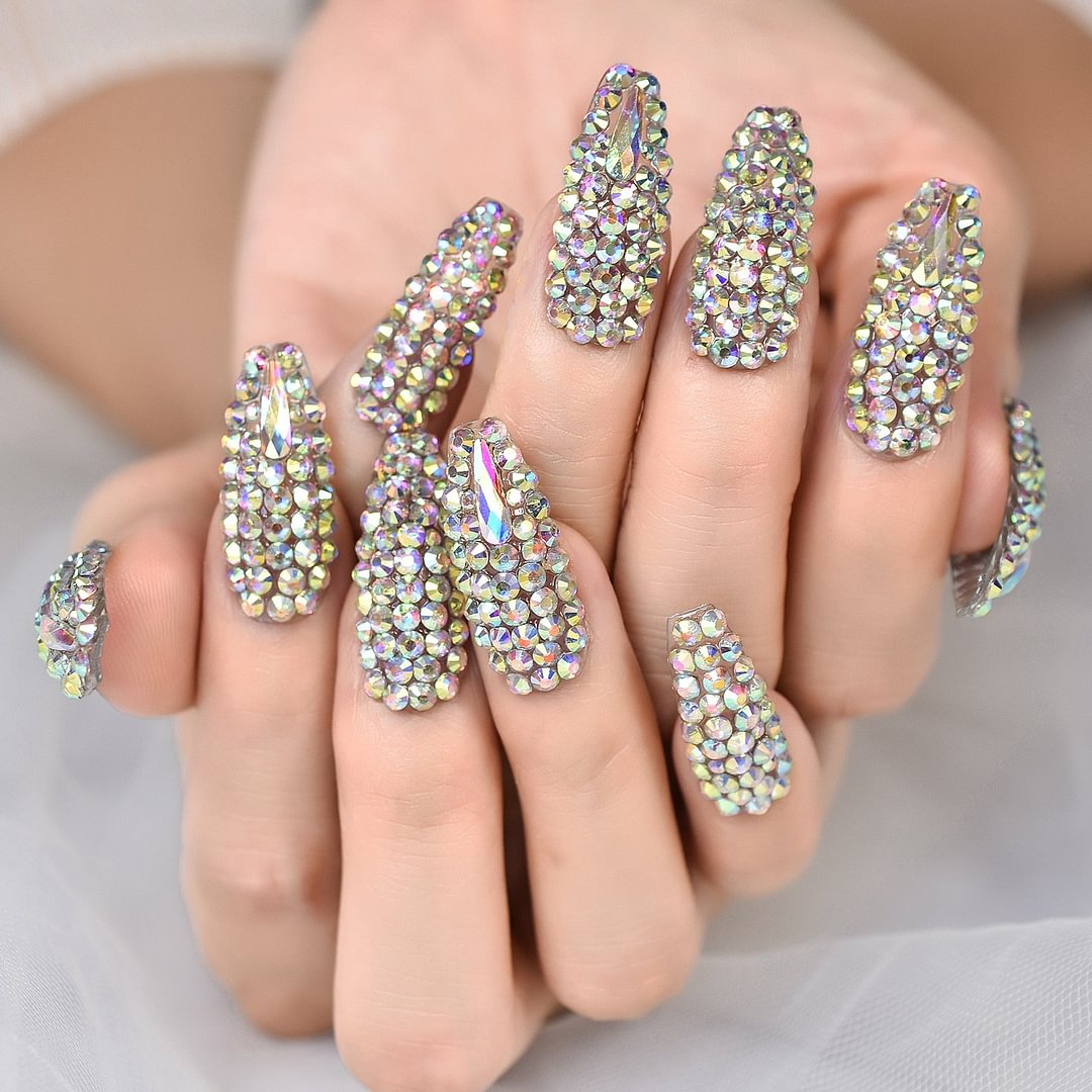 Full Cover Diamond Rhienstone Manicure Salons At Home Medium Coffin Press On Nail Tips Fake Nails Art Collection