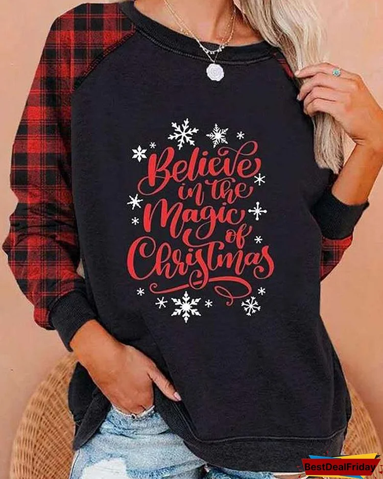 Christmas Print Round Neck Long Sleeve Plaid Patchwork Sweatshirt
