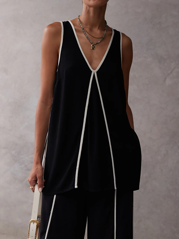 Contrast Stripe Deep-V Sleeveless Top