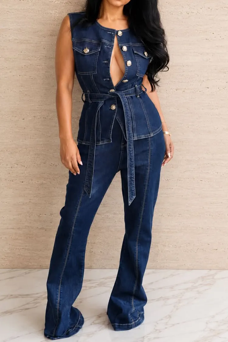 Plus Size Party Navy Blue Round Neck Pocket Denim Two Piece Pant Sets [Pre-Order] 2024 - Xpluswear