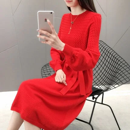 Large Size Loose Solid Casual O-Neck A-Line Autumn Winter Sweater Dress Female Dress Sweater Bottoming Maternity Spring Dress