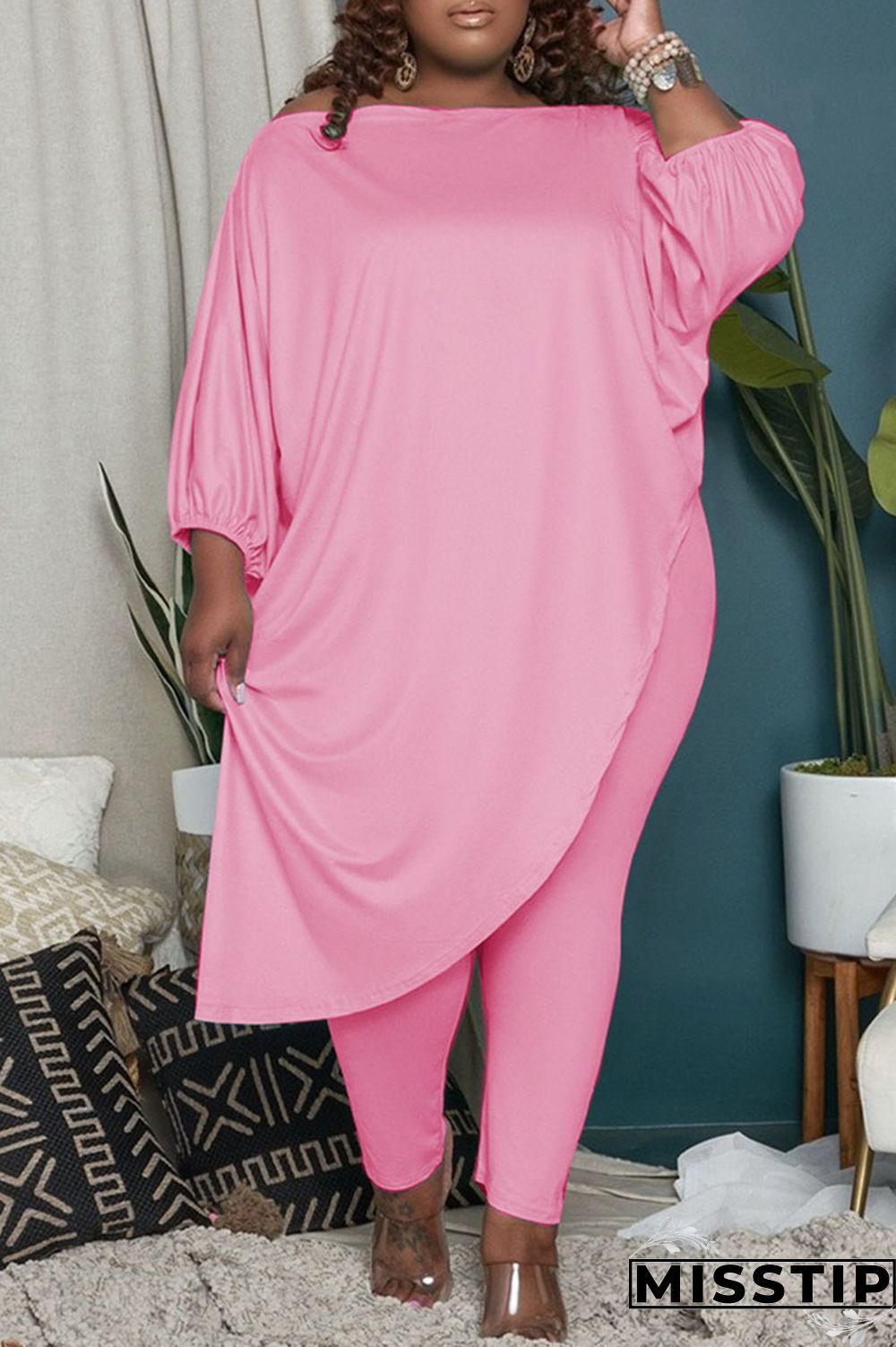 Green Fashion Casual Solid Asymmetrical Oblique Collar Plus Size Two Pieces