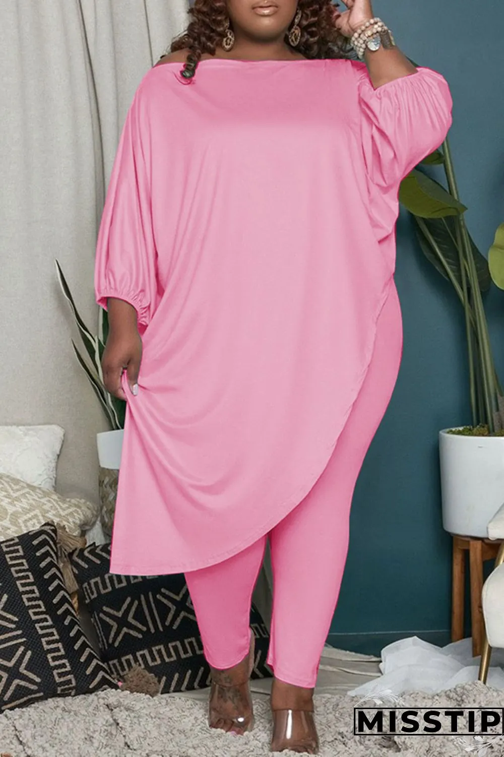 Green Fashion Casual Solid Asymmetrical Oblique Collar Plus Size Two Pieces