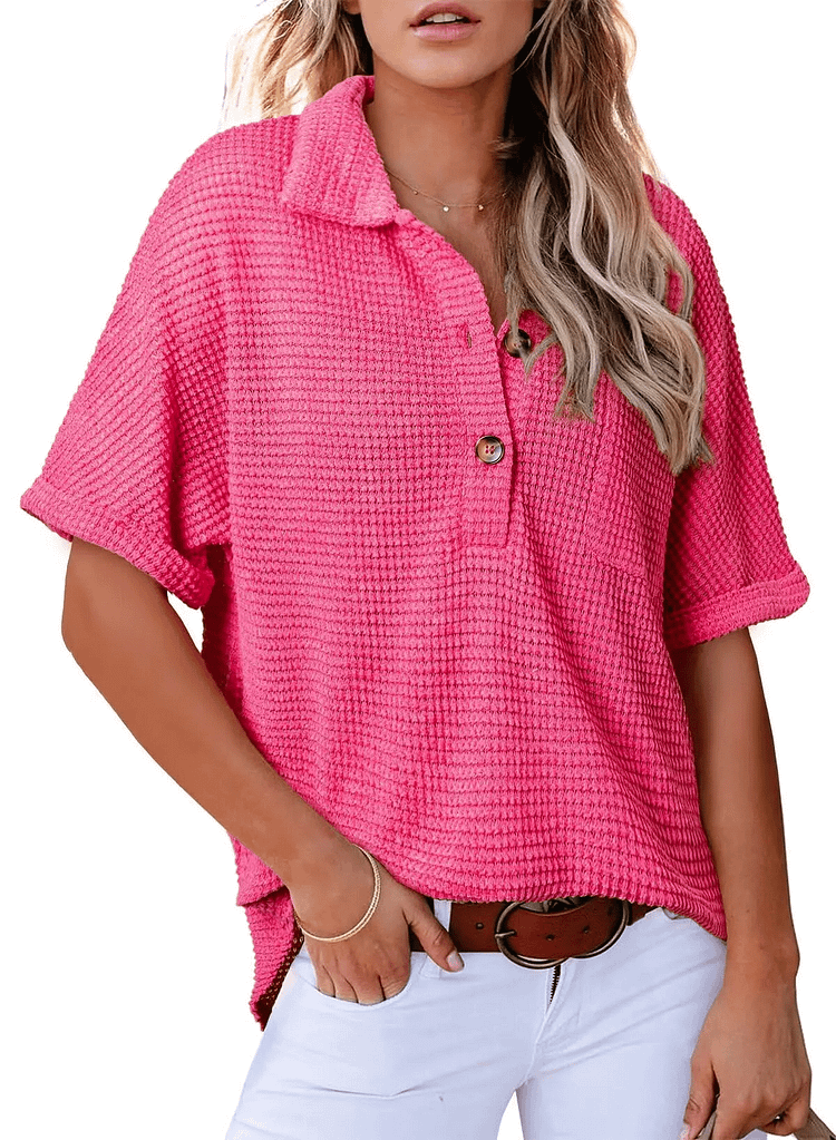 ✨2025 New Women's Waffle Knit Short Sleeve Tunic Henley Shirts 