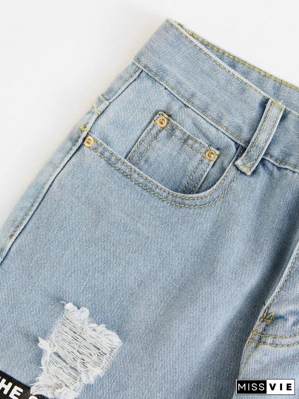 Plus Slogan Graphic Ripped Boyfriend Jeans for Women