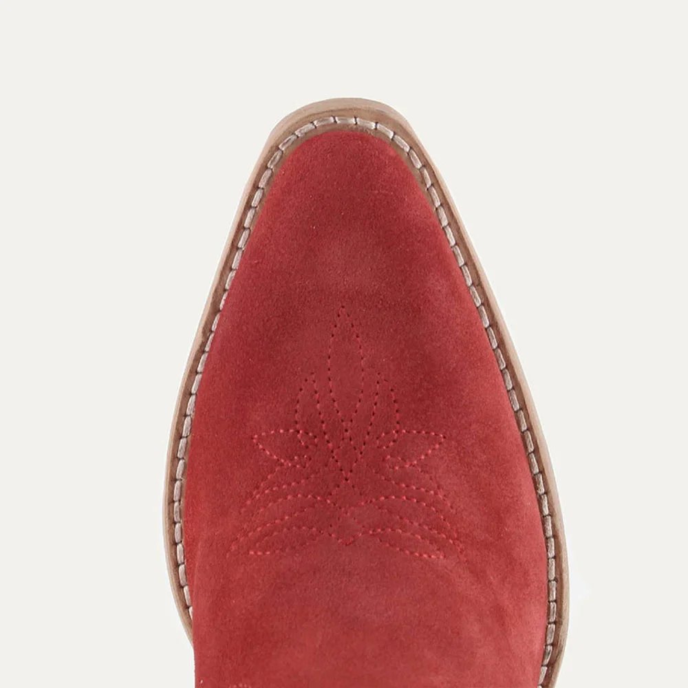 Red Vegan Suede Studded Snip Toe Rhinestone Wide Calf Cowgirl Boots