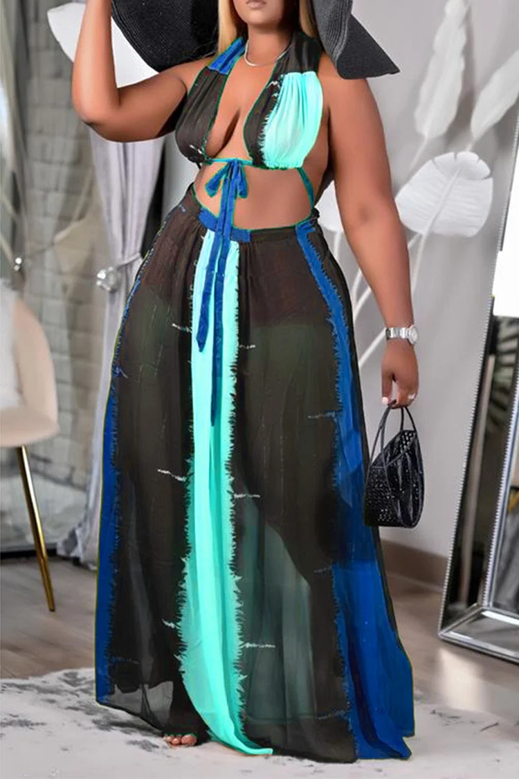 Plus Size Cyan Summer Vacation Tie Dye Print Backless Two Pieces Skirt Sets