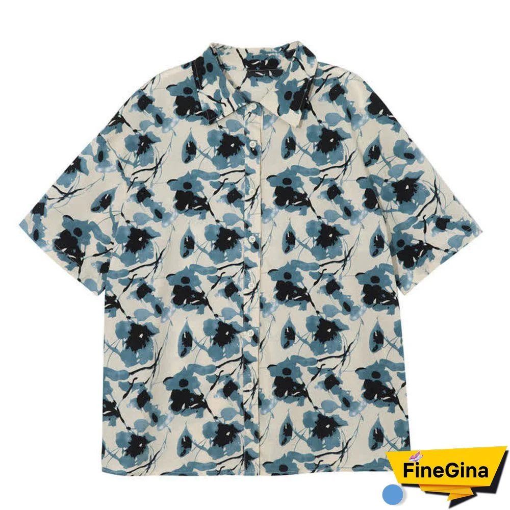 Vintage Ink Painting Floral Print Short Sleeve Loose Polo Shirt
