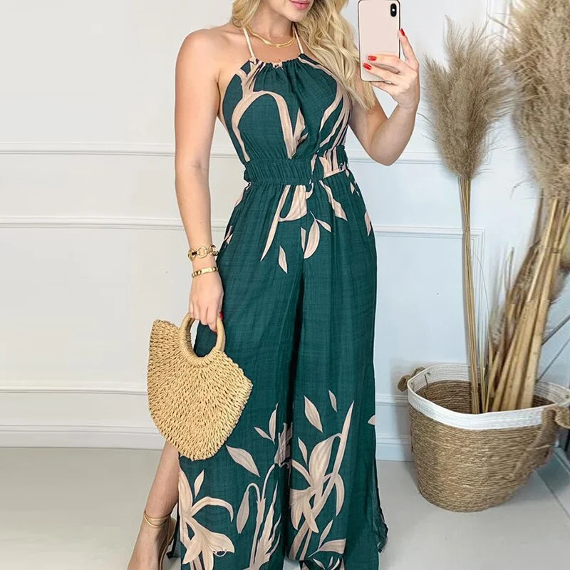 Summer Pattern Print Sleeveless Long Jumpsuit Elegant Waist Split Wide Leg Romper Fashion Halter Casual Holiday Play Easy
