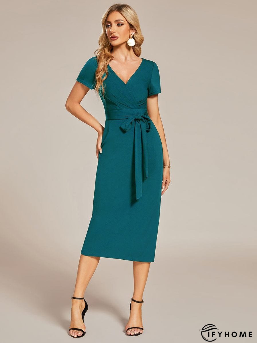 Elegant Deep V Neck Short Sleeve Cocktail Dress with Waist Belt | IFYHOME