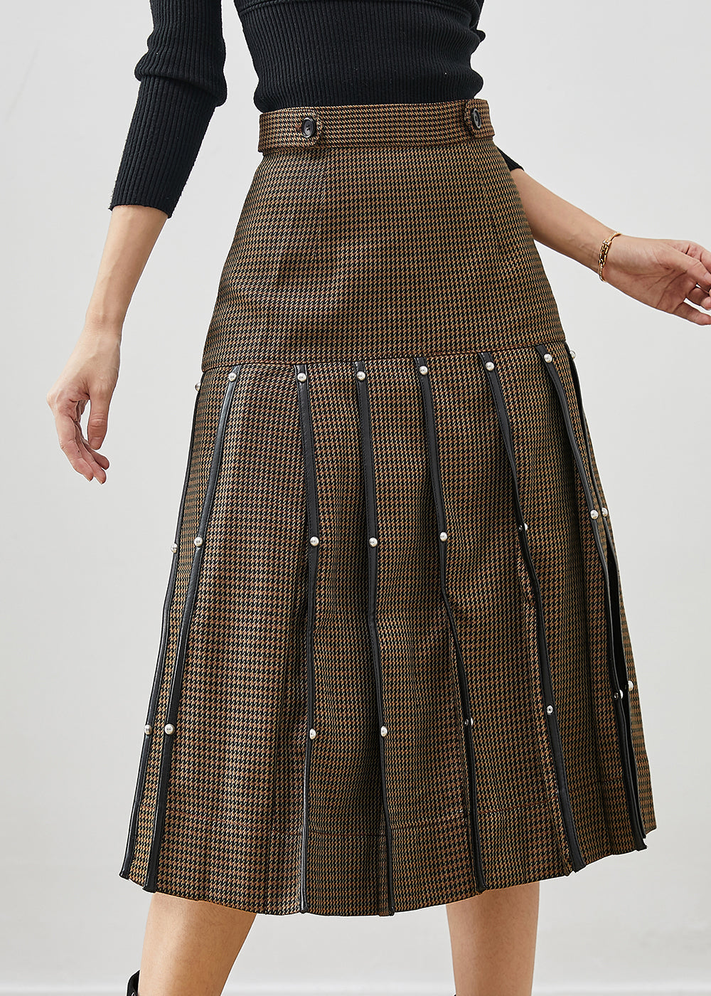 VCSHOES Brown Rivet Silm Cotton Pleated Skirts Spring