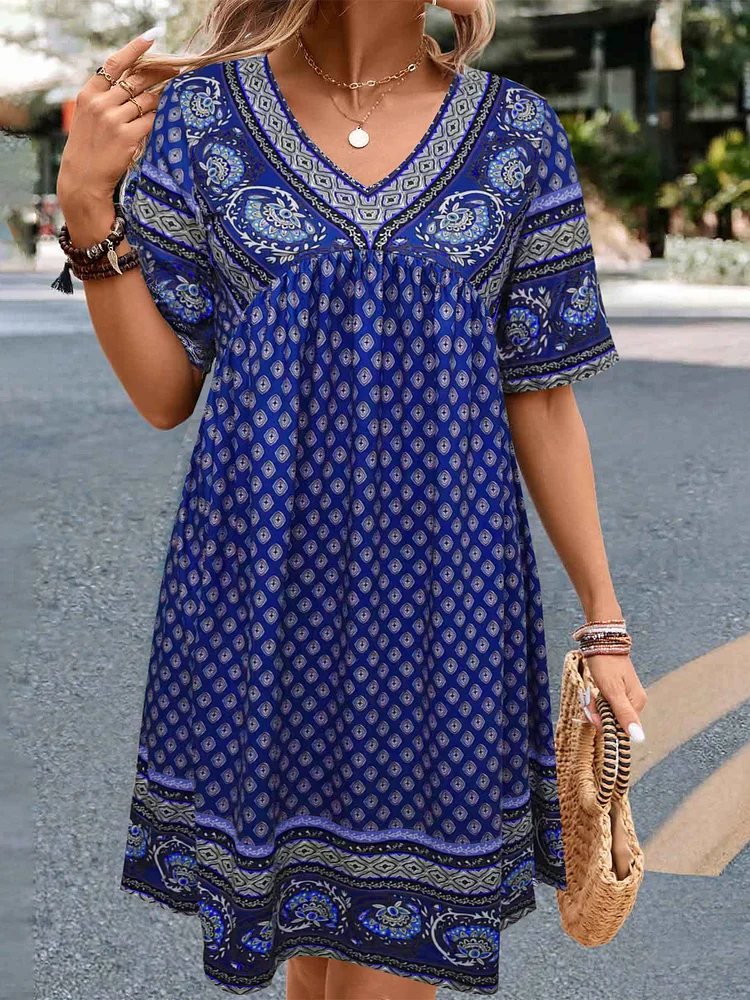 Women's 2024 Sumer Bohemian Dress V-Neck Short Sleeve Tribal Midi Dress Holiday Dress